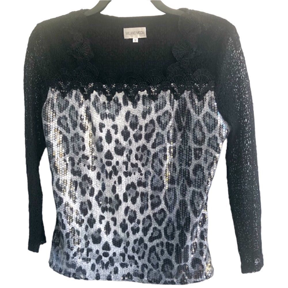 MILANO MODA Women’s Top Animal Print Sparkle Sequence Grey Black…